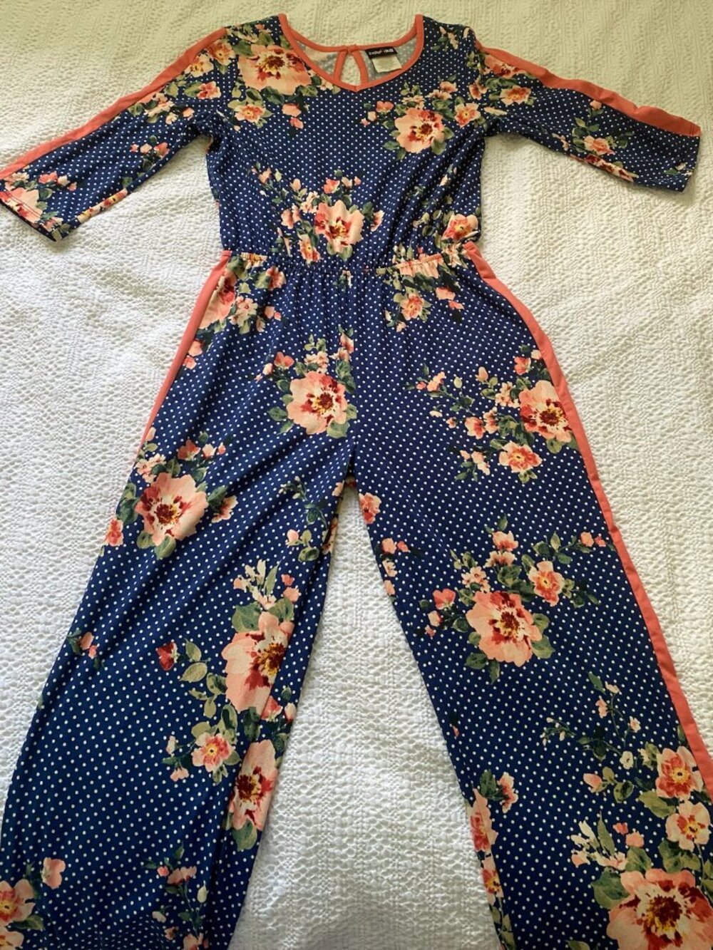 Paper Doll Girls Blue Polka Dot Floral Wide Leg Jumpsuit - Size 12